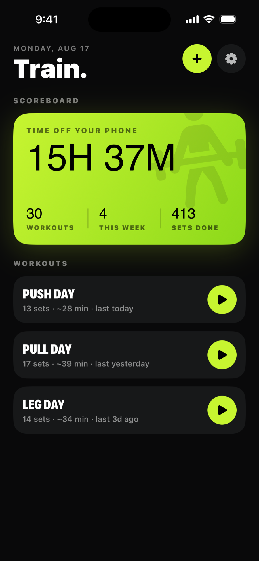 LiftLock home screen: a scoreboard totaling 15 hours 37 minutes off your phone, and a list of workouts