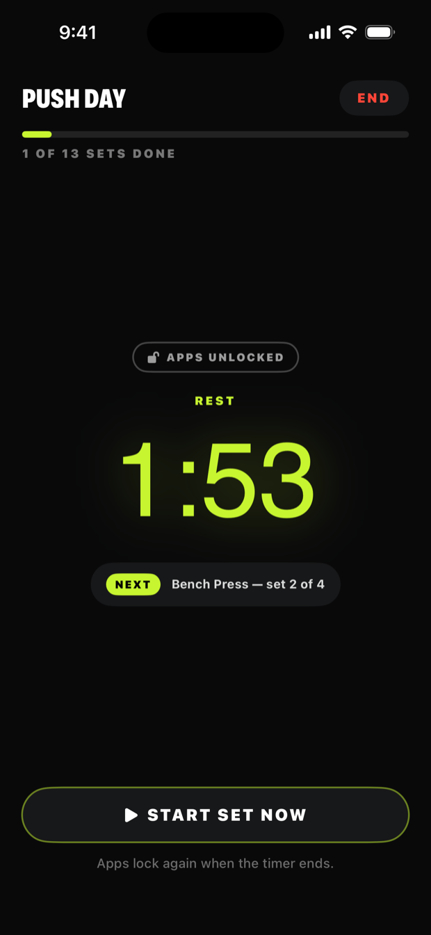 LiftLock rest screen: rest countdown with apps unlocked