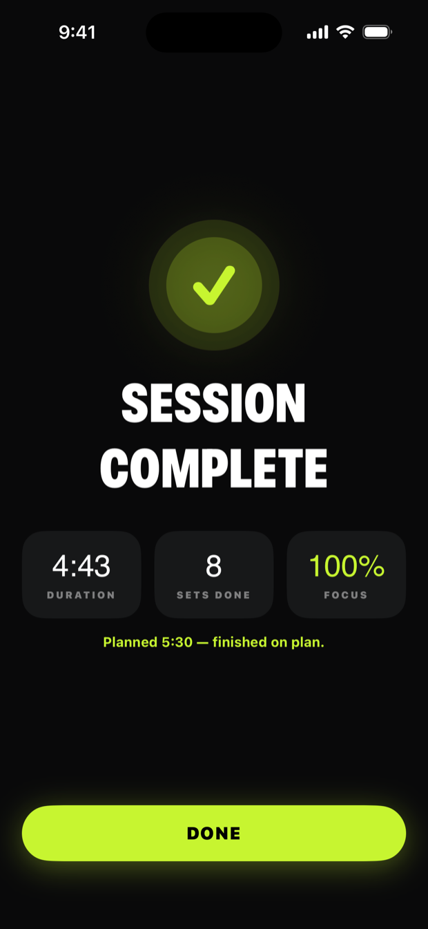 LiftLock workout summary: duration, sets done, and focus score